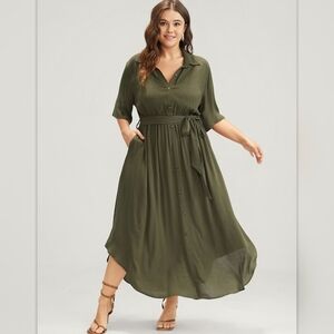 BloomChic Button Down Collar Shirt Belted Pockets Maxi Dress Army Green 18-20 2X
